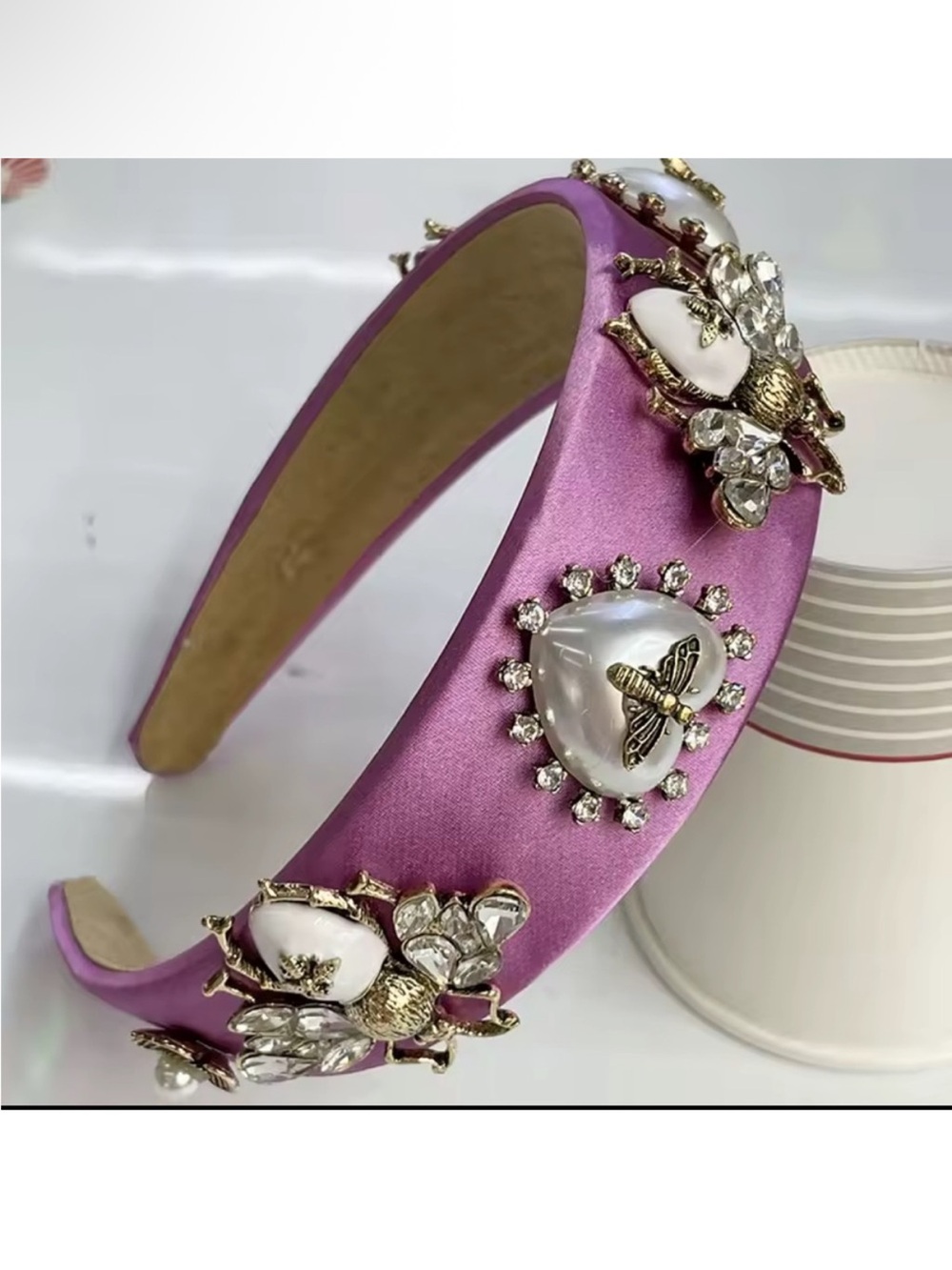 Embellished Pink Satin Bee & Pearl Heart Headband - Picture 2 of 2